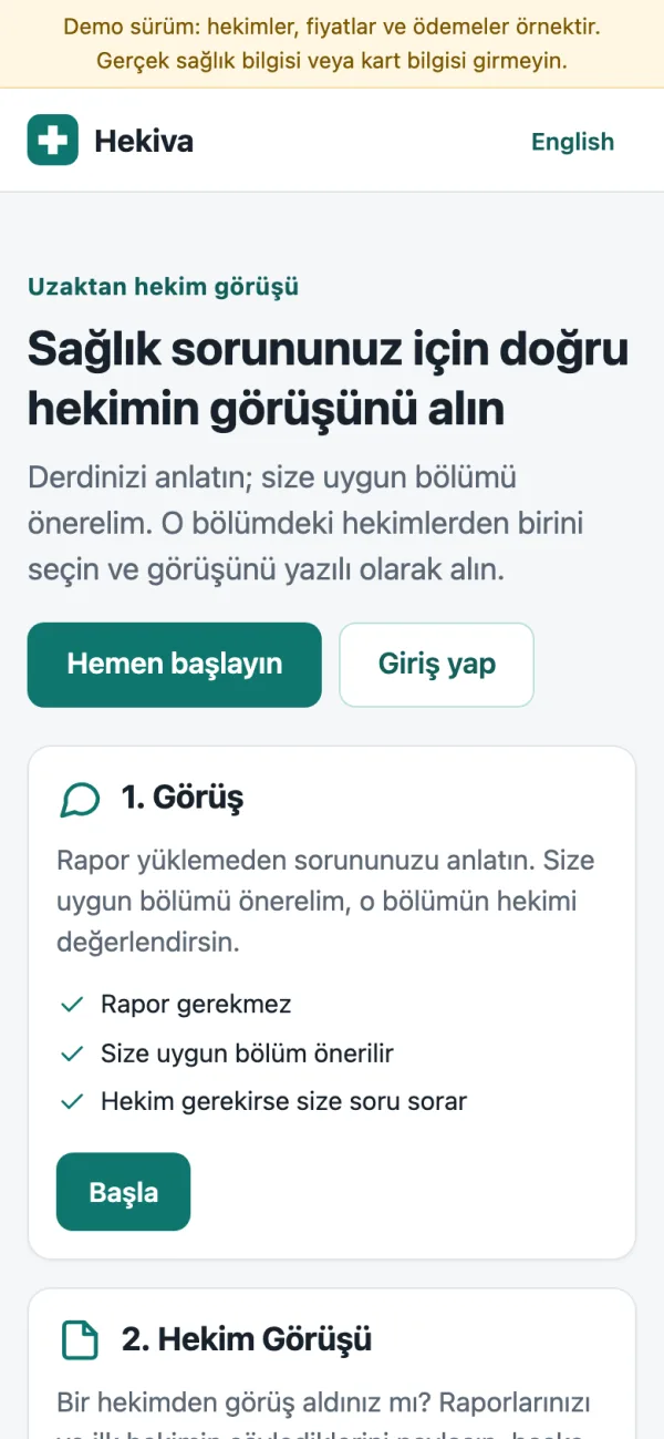 Hekiva demosunun ana sayfası (telefon)