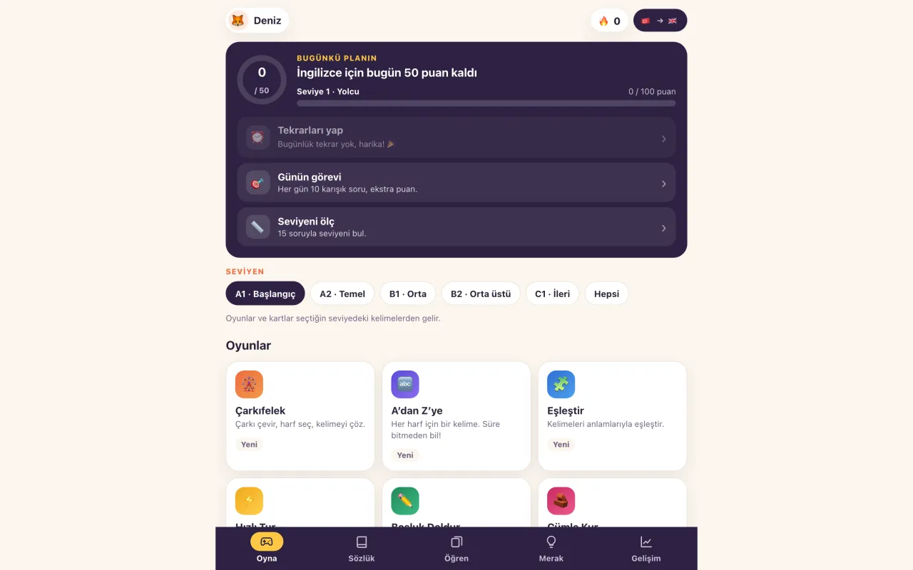 Word Caravan uygulamasının Bugünkü planın ekranı (bilgisayar)
