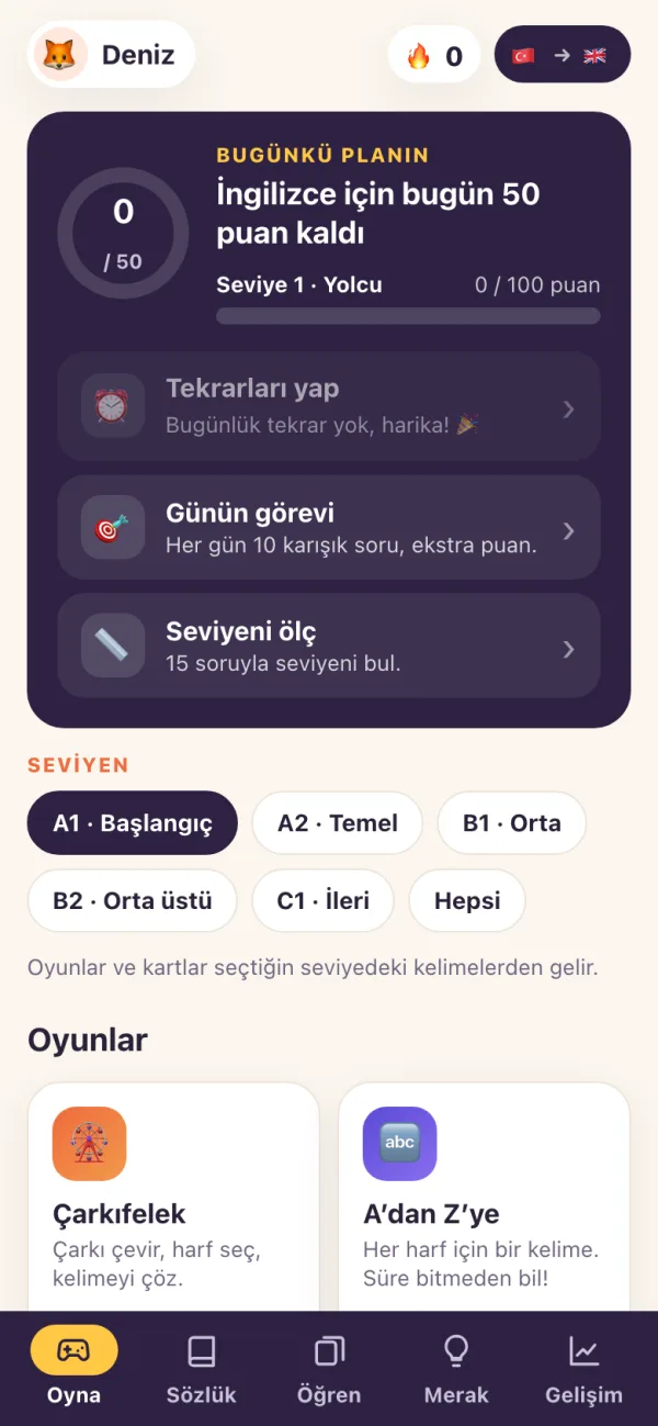 Word Caravan uygulamasının Bugünkü planın ekranı (telefon)